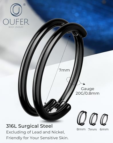 OUFER Nose Rings Hoops, 20G Double Rows Hoop Nose Ring For Women, 316L Surgical Steel Hinged Segment Cartialge Piercing, Inner Diameter 6/7/8MM Cartilage Rook Helix Lobe Tragus Earrings - color: Black