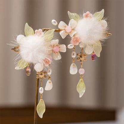 A Pair Wedding Hair Clips, Handmade Floral Design Crystal Hair Clips Pearl Barrettes, Rhinestones Flower Clips Pearl Headpieces Hair Pins Hair Accessories for Women Girls (White&Light Green) - color: White&Light Green