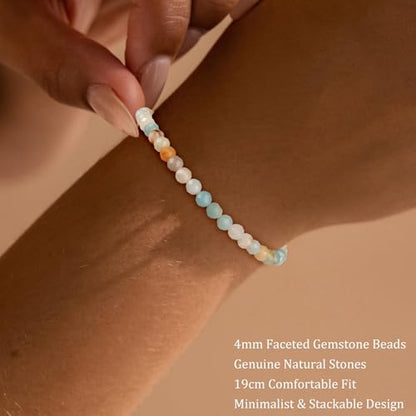 Natural Faceted Crystal Bracelet for Women,4mm Gemstone Round Beads Bracelets Adjustable Stretchy Healing Crystal Beads Bracelets Dainty Jewelry Gift - color: Amazonite