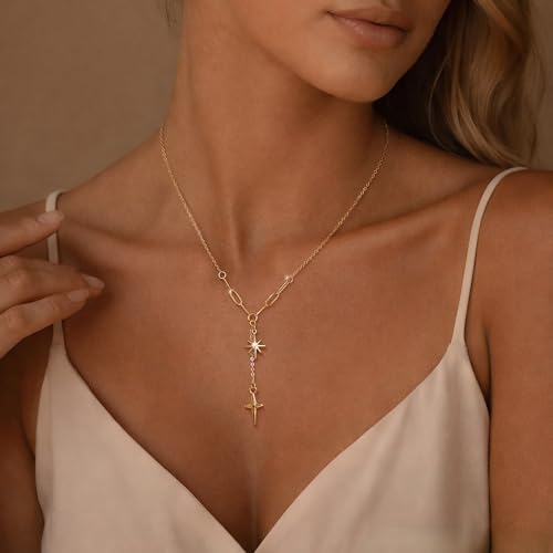CHESKY Lariat Necklace for Women，14k Gold/Sliver Plated Layered Necklace | Gold/Sliver Long Necklace，Dainty Cross Pendant, Wedding Y-Shaped Drop Chain, Waterproof Jewelry Gift for Women Everyday Wear - style: Ystar