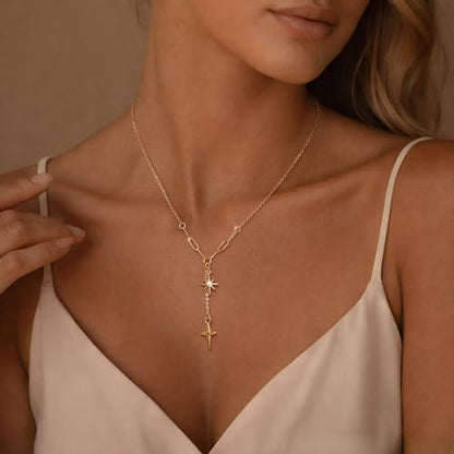 CHESKY Lariat Necklace for Women，14k Gold/Sliver Plated Layered Necklace | Gold/Sliver Long Necklace，Dainty Cross Pendant, Wedding Y-Shaped Drop Chain, Waterproof Jewelry Gift for Women Everyday Wear - style: Ystar