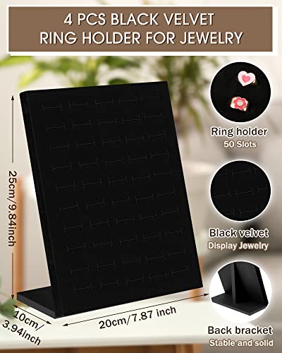 4 Pcs Velvet Ring Display 50 Slots L-Shaped Ring Display Stand Tray Holder for Selling Earring Jewelry - color: Black