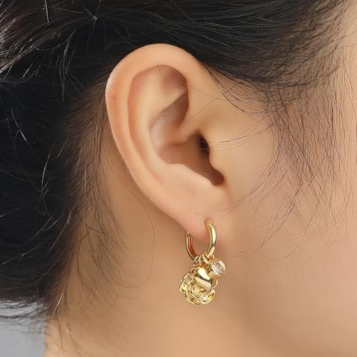 Dangle Gold Charm Earrings for Women 14K Gold Plated Bow Cherry Rose Zirconia Dragonfly Love Heart Wing Cross Pearl Conch Seashell Huggie Hoop Earring Drop Cross Trendy Party Jewelry Gifts for Women - style: Rose and Heart