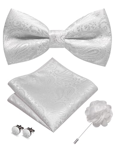 JEMYGINS Mens Paisley Bow Tie and Lapel Pin Necktie Pocket Square and Tie Clip with Sets for Business Casual 4PCS - color: White