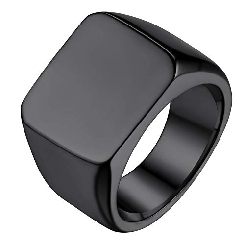 GoldChic Jewelry Personalized Signet Rings Men Women, Stainless Steel Custom Photo Bold Square/Oval Monogram/Old English Initial Pinky Stacking Statement Ring in Black/Silver/Gold (Size 7-14) - color: Black-Blank - Square
