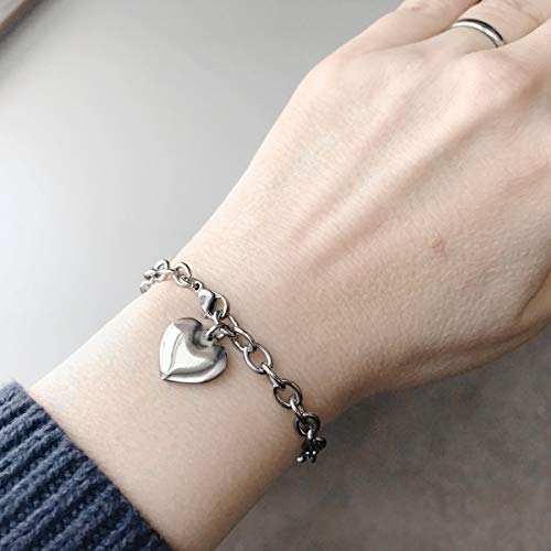 Adjustable Stainless Steel Bracelet with Chunky Chain, Puffy Heart Charm Silver Bracelet for Women, Engraveable Non-Tarnish Stainless Steel Charm Bracelet 7 and 8 inch lengths