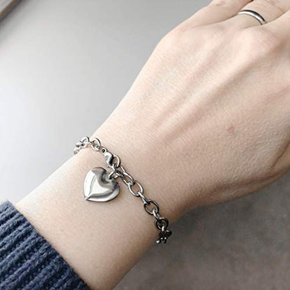 Adjustable Stainless Steel Bracelet with Chunky Chain, Puffy Heart Charm Silver Bracelet for Women, Engraveable Non-Tarnish Stainless Steel Charm Bracelet 7 and 8 inch lengths