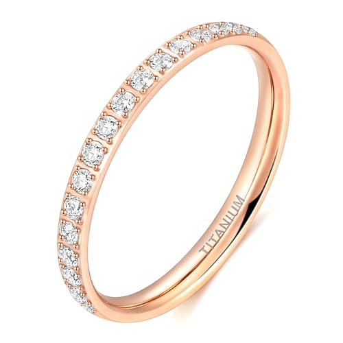 TIGRADE 2mm Women Titanium Eternity Ring Cubic Zirconia Anniversary Wedding Engagement Band Size 3-13.5 - color: Rose Gold-half eternity