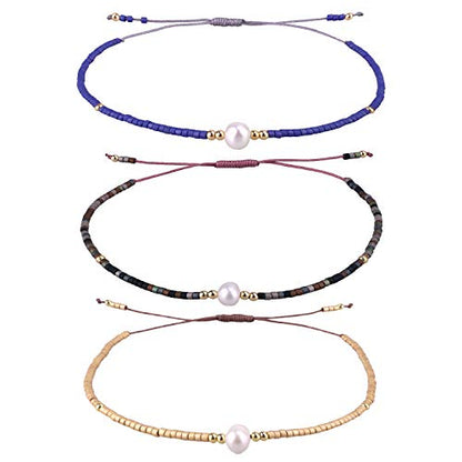 KELITCH 3 PCS Natural Pearls Bracelets Women Strand Thin Rope Friendship Bracelets Handmade Stack Charm Bracelets - color: 02S