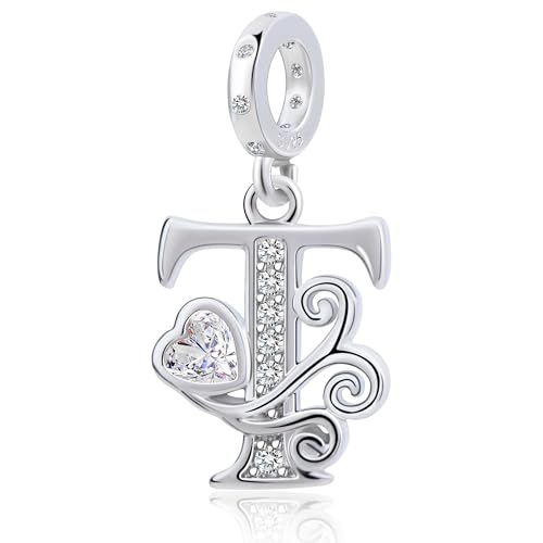 925 Sterling Silver Letter Charms for Pandora Bracelets Silver Letter A Alphabet Charm Initial Dangle Charms Beads Jewelry Gift for Women - style: Dangle Letter Charm T