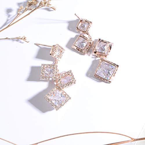 CZ Bridal Earrings for Wedding - 14k Plated Sterling Silver Elegant Teardrop Cubic Zirconia Crystal Rhinestone Floarl Leaf Cluster Chandelier Statement Dangle Drop Earrings for Bride Bridesmaids Party - color: 4 Square - Rose Gold