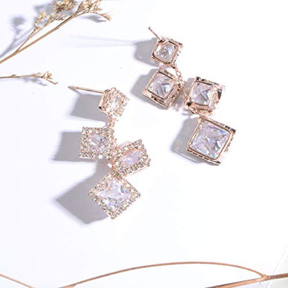 CZ Bridal Earrings for Wedding - 14k Plated Sterling Silver Elegant Teardrop Cubic Zirconia Crystal Rhinestone Floarl Leaf Cluster Chandelier Statement Dangle Drop Earrings for Bride Bridesmaids Party - color: 4 Square - Rose Gold
