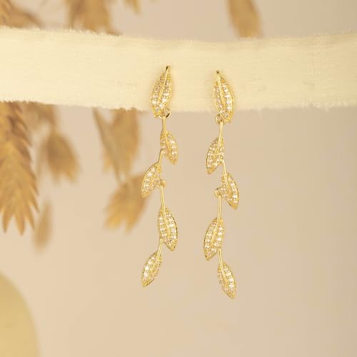 Earrings for Women - 14K Gold Plated Tassel Dangle Earrings | Leaf, Flower, Tassel Dangling Drop Earrings, Sparkling Wedding Bridal Prom Statement Jewelry Gift for Her - color: Gold Leaf