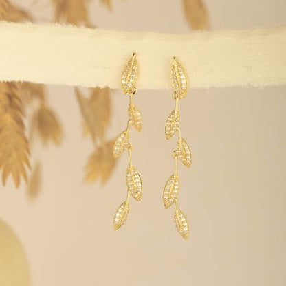 Earrings for Women - 14K Gold Plated Tassel Dangle Earrings | Leaf, Flower, Tassel Dangling Drop Earrings, Sparkling Wedding Bridal Prom Statement Jewelry Gift for Her - color: Gold Leaf