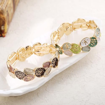 LUREME Oval Enamel Leaf Bracelet, Earth Tone & Jade Green Stretch Cuff, 3D Gold Branch Design, Elastic Bangle for Women, Nature-Inspired Jewelry(bl003693) - color: Brown & Blush Earth Tones