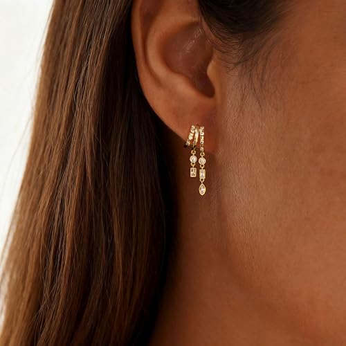 Dangle Earrings for Women,14k Gold Plated Triple Huggie Stud Earrings Cute Statement Chain Earring Dainty Drop Earrings for Women Trendy Gold Plated Jewelry - color: dangle4-Gold