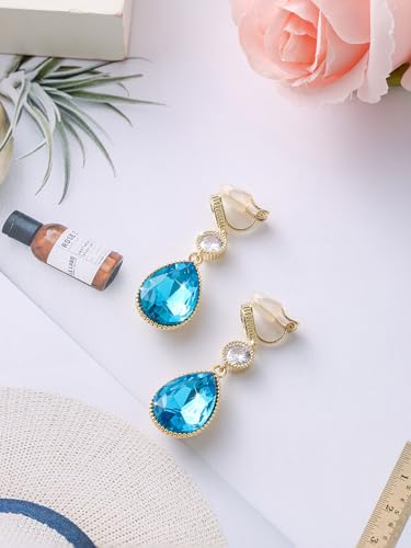 Clip On 18 * 13MM Big Crystal Dangle Non Pierced Earrings for Women 14K Gold Plated Jewelry - color: Jul-Ruby-14K Gold Plated