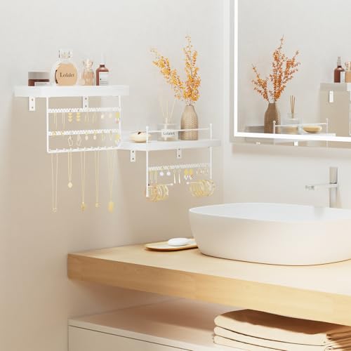 Lolalet Wall Mount Hanging Jewelry Organizer -Set of 2, White | Versatile Hanging Holder with Hooks for Earrings, Bracelets and Necklaces, Easy to Install on Bathroom Wall - color: White
