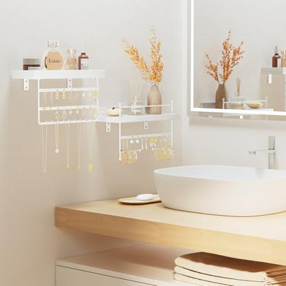 Lolalet Wall Mount Hanging Jewelry Organizer -Set of 2, White | Versatile Hanging Holder with Hooks for Earrings, Bracelets and Necklaces, Easy to Install on Bathroom Wall - color: White