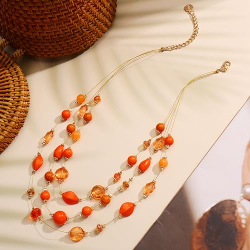 Coiris 3 Layers Illusion Wire Beaded Statement 19.5" Necklace for Women - color: N0005-Orange