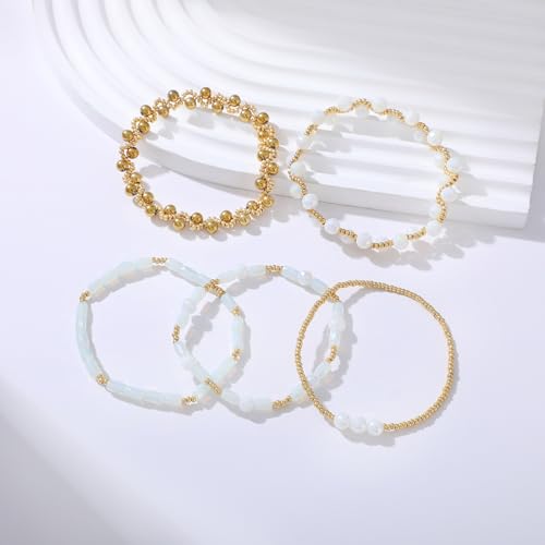 Dainty Gold Plated Pearl Crystal Beaded Bracelets Set for Women 14K Gold Plated Bead Pearl Beads Bracelet Stackable Paperclip Link Chain Bracelets Gold Plated Bracelets for Women Trendy Jewelry - color: Style5-2 White