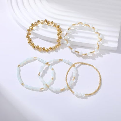 Dainty Gold Plated Pearl Crystal Beaded Bracelets Set for Women 14K Gold Plated Bead Pearl Beads Bracelet Stackable Paperclip Link Chain Bracelets Gold Plated Bracelets for Women Trendy Jewelry - color: Style5-2 White