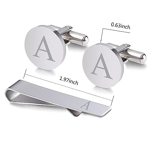WIGERLON Initial Cufflinks and Tie Clip Set for Men,Stainless steel Letter Cuff Links and Tie Bar Set gift for Father Husband Son Boyfriend - style: J-Silver