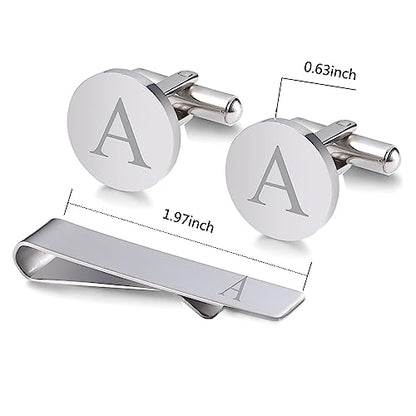 WIGERLON Initial Cufflinks and Tie Clip Set for Men,Stainless steel Letter Cuff Links and Tie Bar Set gift for Father Husband Son Boyfriend - style: D-Silver