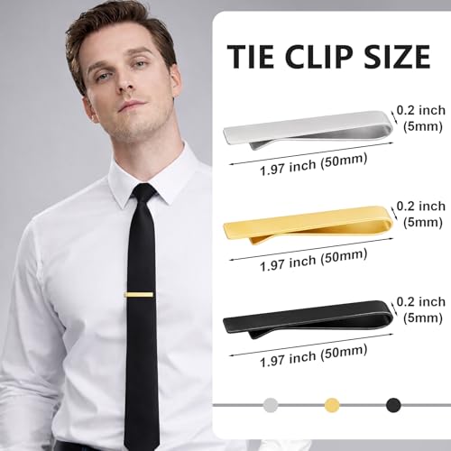 Roctee Skinny Tie Clip, 3 Pack Tie Bar Tie Clips For Men Low-Key Matte Black Elegant Necktie Pinch Clips For Business Meeting Graduation Ceremony Wedding Anniversary Party - color: Matte Black,Matte Sliver,Matte Gold