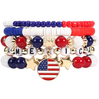 Ardorchid Halloween Bracelets for Women Pumpkin Ghost Steleton Bat Skull Beaded Stackable Stretchy Bracelet Rugby Thanksgiving Christmas Heishi Bracelets - color: USA Flag Bracelets-C