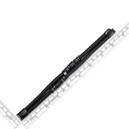 COOLSTEELANDBEYOND Mens Double-Row Braided Leather Bracelet Bangle Wristband with Black Stainless Steel Ornaments - color: A-Black