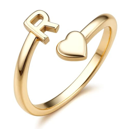 FUNRUN JEWELRY Gold Initial Ring for Women Non Tarnish 14K Gold Plated | Adjustable Letter Rings A-Z Dainty Heart Alphabet Stackable Band Rings Trendy Capital Letter Pinky Knuckle Thumb Ring - style: R Initial Ring