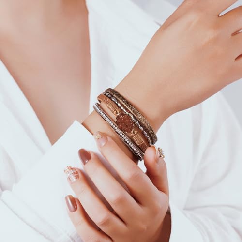 Boho Leather Wrap Bracelets Beaded Stackable Cuff Bracelet Country Concert Outfits Cowboy Cowgirl Western Jewelry Gifts for Women - color: Stone-Brown