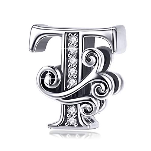 BISAER 925 Sterling Silver Initial Letter A-Z Charms for Bracelets Alphabet Beads Charm Jewelry Gifts - color: Letter T