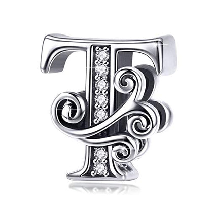 BISAER 925 Sterling Silver Initial Letter A-Z Charms for Bracelets Alphabet Beads Charm Jewelry Gifts - color: Letter T
