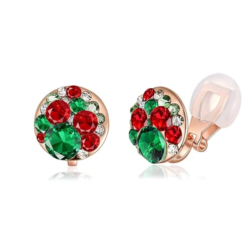 EVEVIC Multicolor Austrian Crystal Round Clip On Earrings for Women | 14K Gold Plated,Silicone Comfort Pad,Playful Colorful Crystal,Gift Box Included,Perfect for Daily Wear and Special Events - color: Christmas Glow