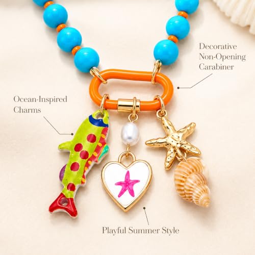 LIU JUN Colorful Beaded Necklace for Women, Chunky Boho Fish Starfish Conch Pendant Acrylic Bead Necklaces Cute Y2K Summer Beach Jewelry Gifts - color: Fish+White Heart