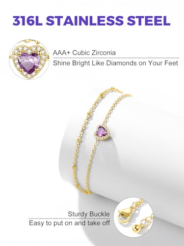 Richsteel Double Layer Heart/Butterfly Birthstone Anklet for Women | Non Tarnish Waterproof, Silver/Gold/Black Stainless Steel 8.5-10.5 Inch Adjustable Chain Anklets Summer Beach Foot Jewelry - color: Gold Heart-06 Jun.(Alexandrite)