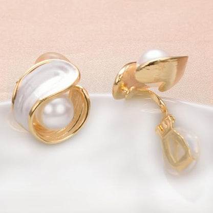 Yoursfs Large Clip On Pearl Earrings for Women Faux Ivory Pearl Earrings 18K Gold Plated Earring Wedding Jewelry - style: Gold-plated white pearl clip earrings
