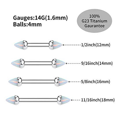 GAGABODY G23 Titanium Pair 14G Nipple Rings Tongue Jewelry Bridge Piercing | Internal Threaded Used in Nipple,Tongue,Bridge 14G Length from 12mm to 18mm Lightweight Daily Wear for Unisex Sensitive Skin - color: STYLE1B-Silver+Bullet White Opal, size: 14G+