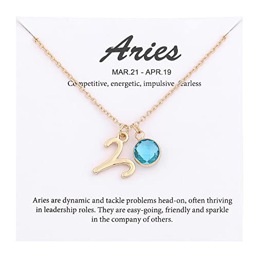 14k Gold Plated Zodiac Birthstone Crystal Pendant Necklace, Horoscope Sign Charm Necklace for Women Birthday Gift - color: Aries-Mar.