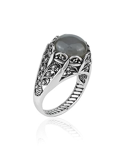 Filigranist 925 Sterling Silver Filigree Art Women Mini Dome Cocktail Ring with Gemstone, Gift Boxed - color: Grey Moonstone