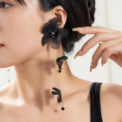 Flower Earrings for Women Long Fabric Flower Tassel Earrings Bohemian Handmade Floral Statement Earring Wedding Prom Jewelry Gifts - color: A3：black