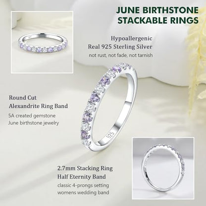Birthstone Rings Eternity Band 925 Sterling Silver/Yellow Gold-Plated Created Gemstone Stackable Wedding Band 2.7mm Thin Half Eternity Rings for Women Size 6 to 10 - color: 06-Alexandrite-Jun.