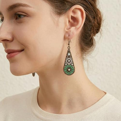 Bohemian Crystal Teardrop Dangle Earrings, Copper, Tribal Geometric Design, Handmade National Style for Women - color: Light Green