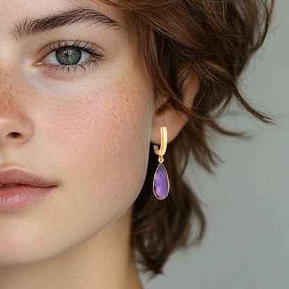 Geometric 14K Gold Crystal Stone Quartz Gemstone Leverback U Hoop Drop Dangle Earrings Jewelry for Women - color: C04