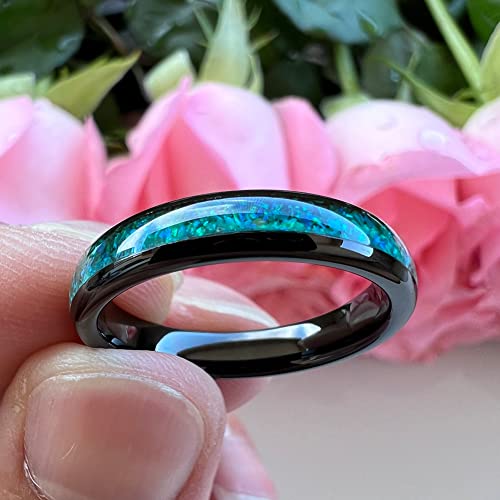 TUTISS 4mm Silver/Black Tungsten Rings for Women Men Engagement Wedding Bands Genuine Blue Green Galaxy Opal Inlay Domed Polished Comfort Fit - color: 4mm Black Tungsten Green Opal