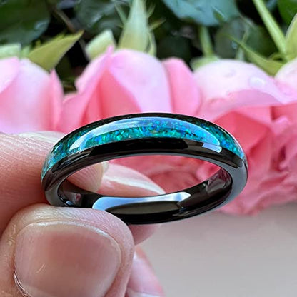 TUTISS 4mm Silver/Black Tungsten Rings for Women Men Engagement Wedding Bands Genuine Blue Green Galaxy Opal Inlay Domed Polished Comfort Fit - color: 4mm Black Tungsten Green Opal