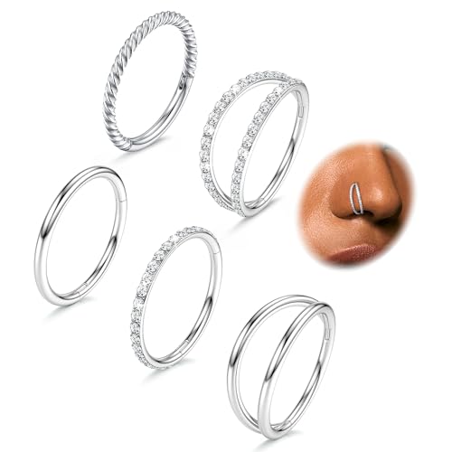 CASSIECA 5Pcs 18G 16G Surgical Steel Nose Rings Hoop for Women CZ Clicker Hinged Septum Ring Lip Helix Cartilage Double Hoop Earring Daith Rook Conch Body Piercing Jewelry for Women 8mm 10mm - style: Silver: 16G-8mm