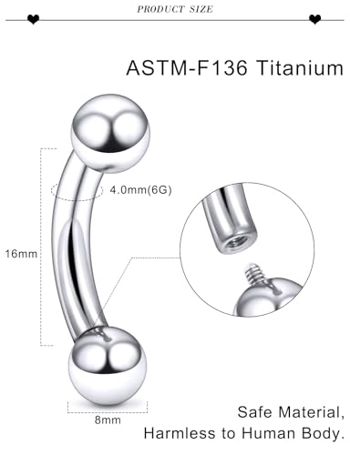 20G 18G 16G 14G 12G 8G 6G 4G 2G Astm F136 Titanium Internal Thread Eyebrow Piercing Jewelry Curved Barbell Vertical Labret Lip Daith Rook Earrings Navel Belly Button Ring Piercing Jewelry - style: 6G, 16MM Length, Ball